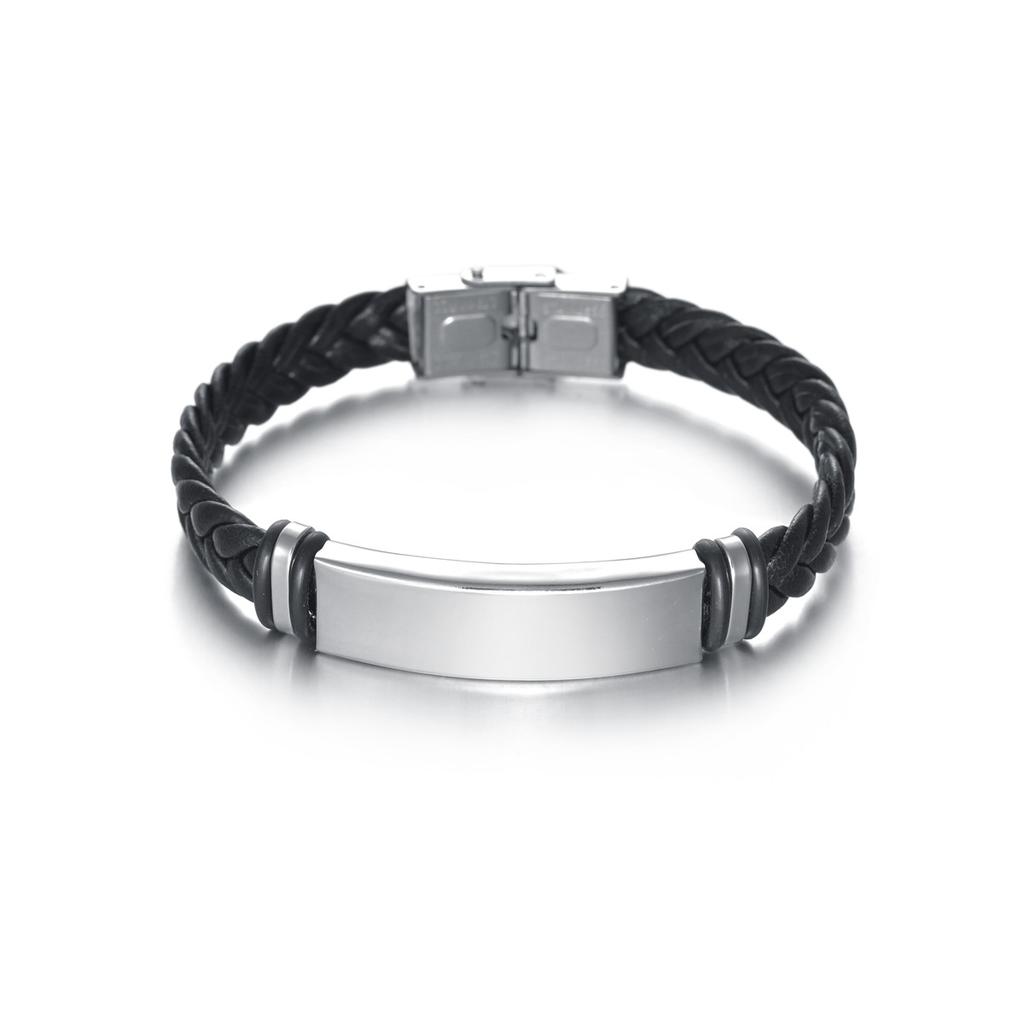 Simple Twisted Braid Leather Bracelet Stainless Steel Chain Engravable Jewelry