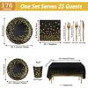 176 Pieces Black Gold Party Dinnerware Set Black Golden Dot Disposable Party Dinnerware Plate 7" 9"Napkins Cups Paper Gold Plas