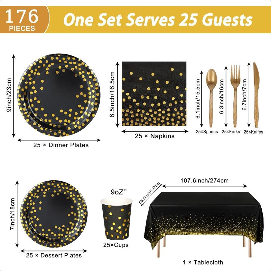 176 Pieces Black Gold Party Dinnerware Set Black Golden Dot Disposable Party Dinnerware Plate 7" 9"Napkins Cups Paper Gold Plas