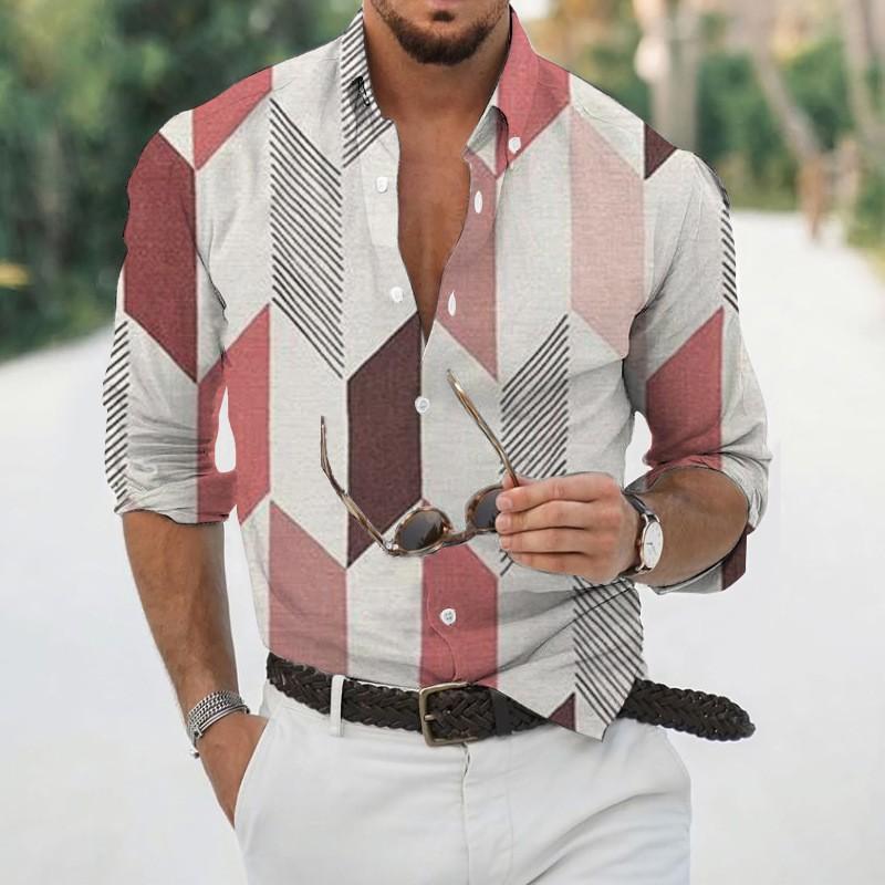 2025 Geometric Three-dimensional 3D Printed Casual Lapel Long-sleeved Shirt Spring and Autumn Men's Trendy Versatile Shirt for Men