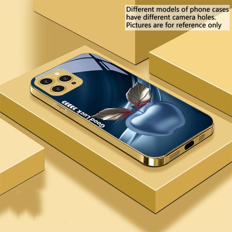 Simple Black Happy Apple For IPhone 16 Pro Max 15 P Ro 14 13 Plus 12 Mini 11Pro Max XS Max XR Golden Tempered Glass Phone Case