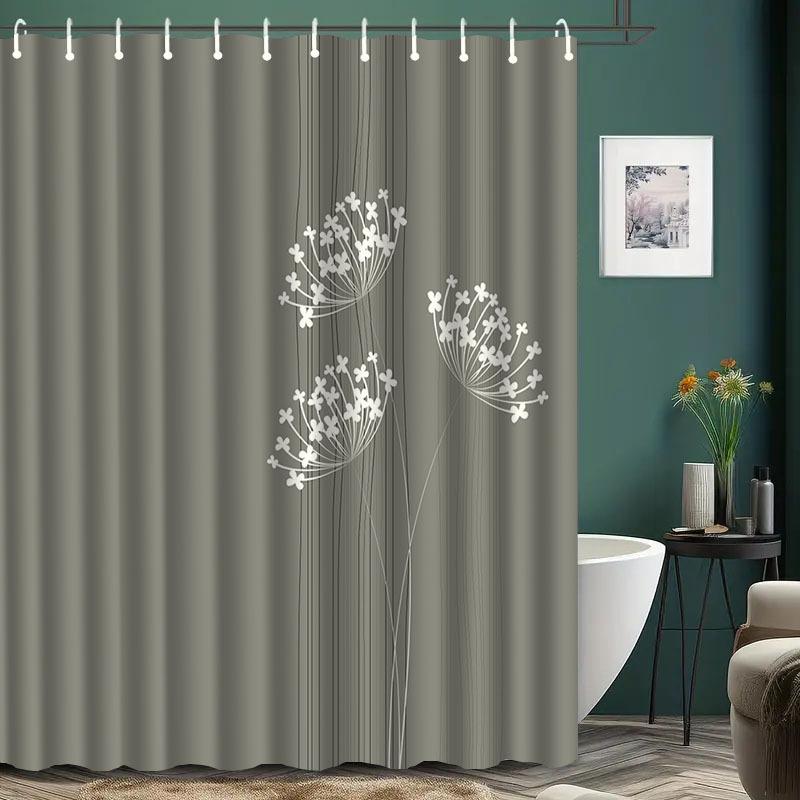 Modern Gray Shower Curtain Floral Pattern Dandelion Design Elegant Bathroom Decor Waterproof Printed Bath Curtain Home Style
