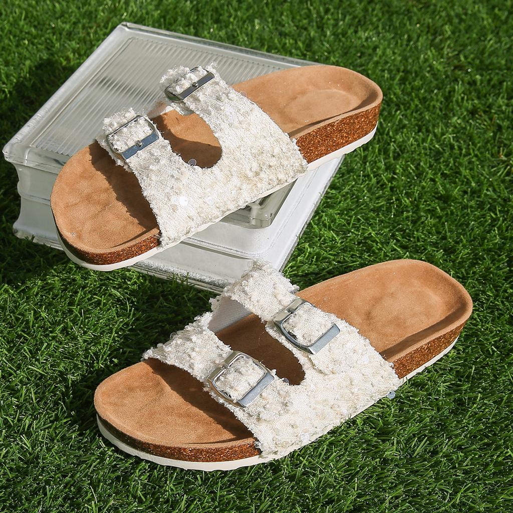 2025 summer fashion rhinestone, foreign trade flat bottom Boken flat bottom soft bottom wood water pine slippers women