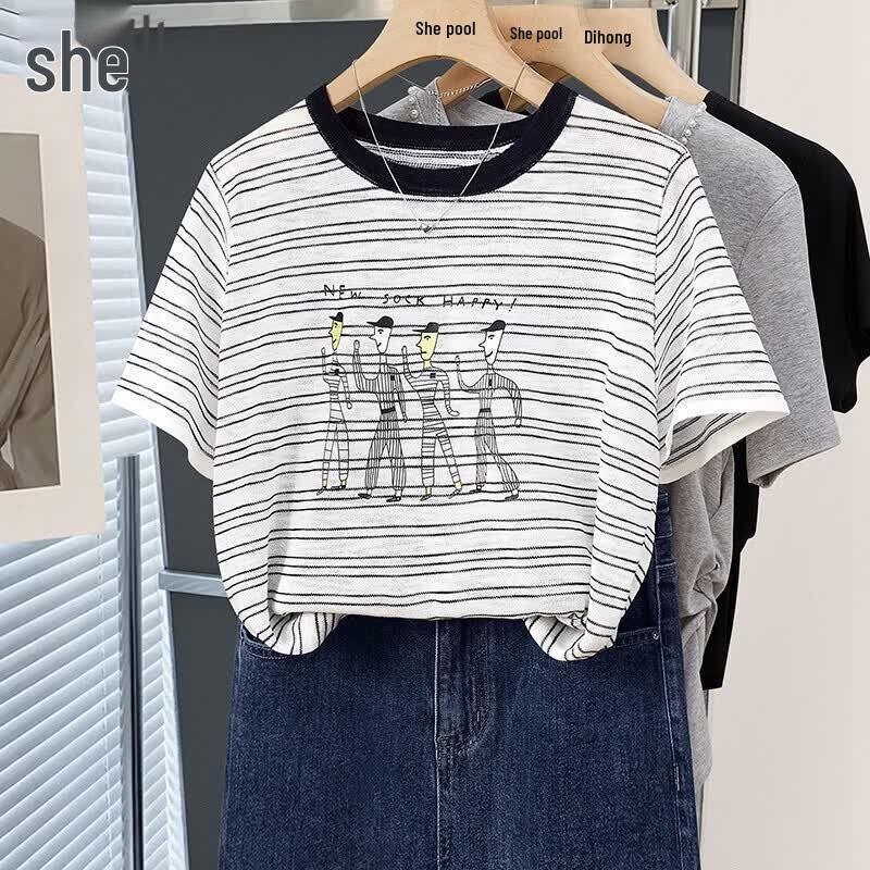 Women s Contrast Stripe Ice Silk Knit T-Shirt One Size