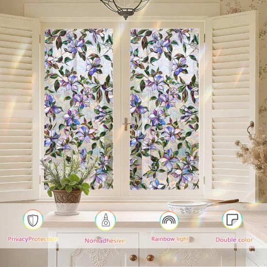 Rainbow Window Privacy Film, Decorative Static Cling Stickers, Heat Control & UV Blocking Glass Cling, Waterproof 100x45cm Static Glass Sticker for