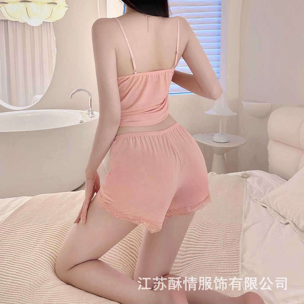 Crispy new suit suspender plus shorts lace red edge pink home bow solid color girl heart