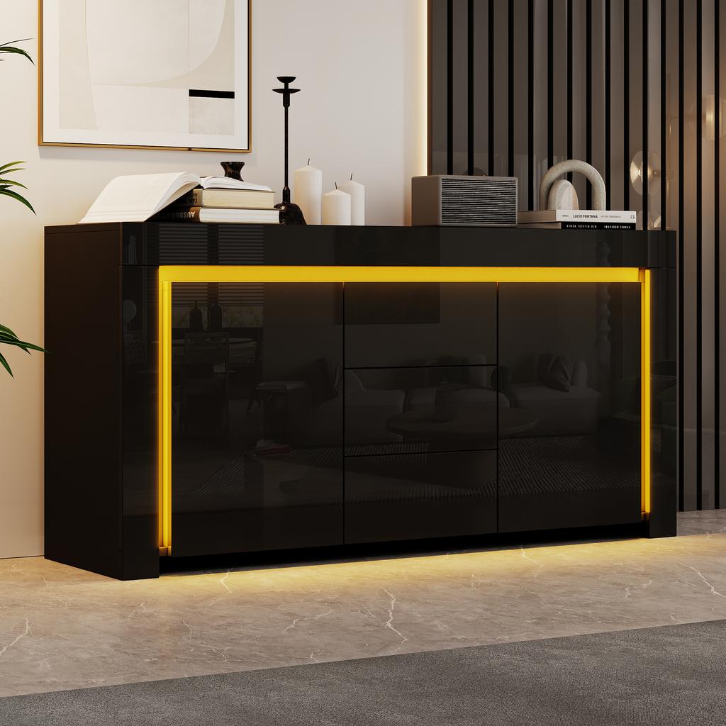 Mobile da soggiorno 140*40*65cm, Cassettiera con 3 cassetti, 2 ante, Mobiletto laterale laccato lucido con striscia luminosa a LED, Credenza con spazio contenitore, Nero