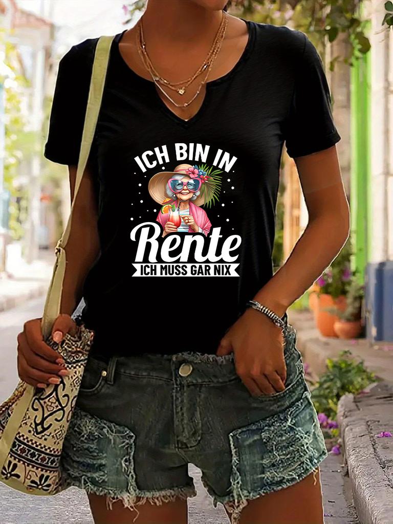 Women's V-Neck "Ich Bin In Rente" Graphic Tee, Funny Retirement Quote T-Shirt, Casual Short Sleeve Daily Fashion Top