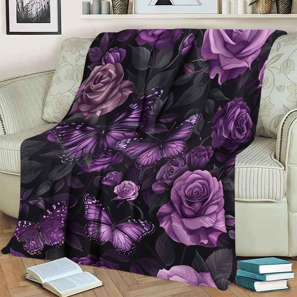 1pc Gift Blanket For Daughter Purple Petal Flower Butterfly Art Soft Blanket Flannel Blanket For Couch Sofa Office Bed Camping T