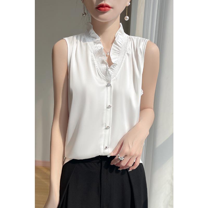 Plus Size Women French Satin Sleeveless V Neck Ruffled Faux Silk Blouse M