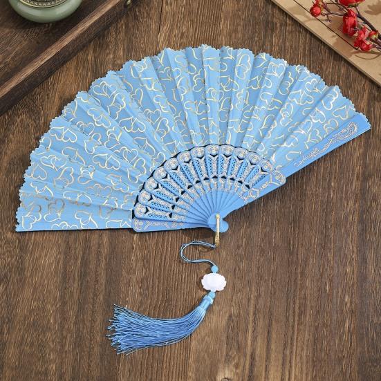 Love Heart Print Folding Fan with Tassel Chinese Style Portable Hollow Ribs Hand Fan Women Dance Performance Props Party Favors