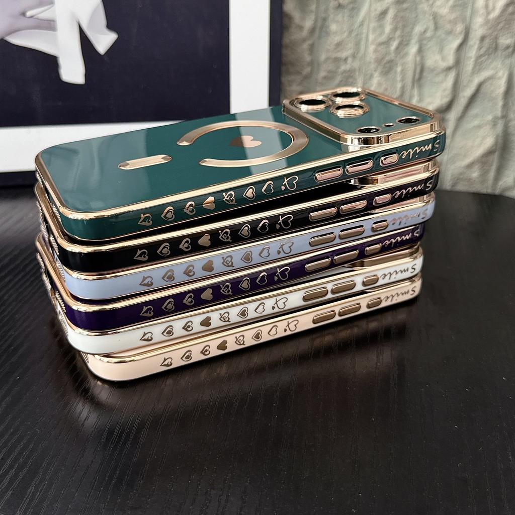 Case for 17 16 15 14 13 12 11 Pro Max Magnetic Protective Case Heart Pattern Shock Proof Anti-Fingerprint Wireless Charging
