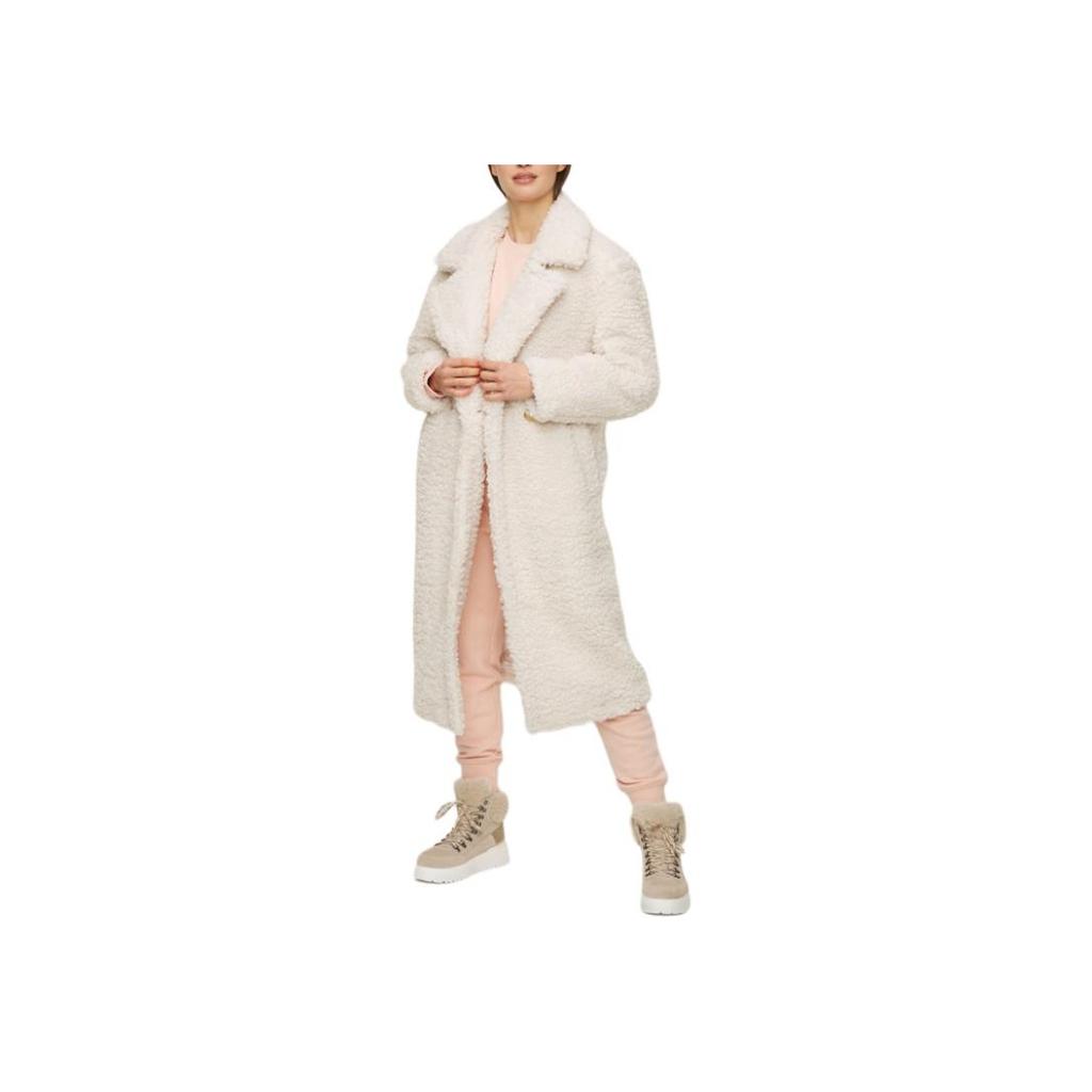 UGG Gertrude Long Teddy Coat Solid Color Lapel Double-Breasted Fitted Long Sleeve Mid-Length Coat Women Coats White 1120631-WHITE