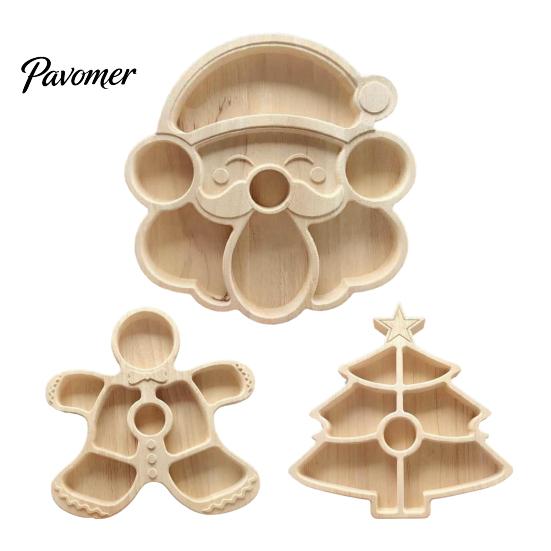 Solid Wood Fruit Bowls Wooden Christmas Divided Tray, Gingerbread Man Santa Xmas Tree Compartment Snack Rustic Kitchen Table Decor Platter,