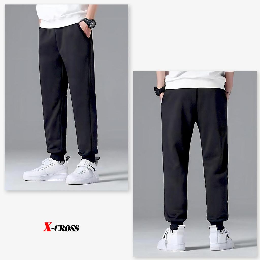 Easy Outdoor Elastic Fleece Warm Thermal Solid Winter Jogger Ribbed Brushed Black X-cross Men's Pants, Fall/Winter, Fleece-Lined, Black, Lightweight,