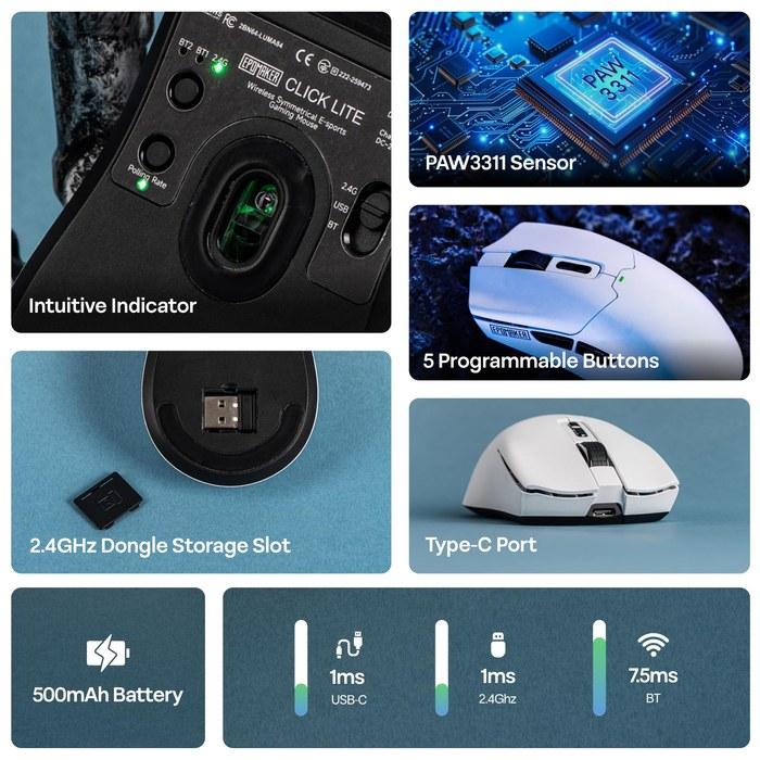 EPOMAKER Click Lite Wireless Gaming Mouse 800-12,000 DPI PAW3311 Sensor 59g 500mAh Battery 2.4GHz/BT/USB-C Rechargeable (White)