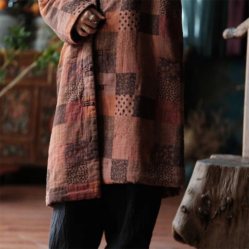 Johnature Dámské Vintage zimní parky s výstřihem do V bavlněné kabáty s dlouhým rukávem v čínském stylu dámské dlouhé parky