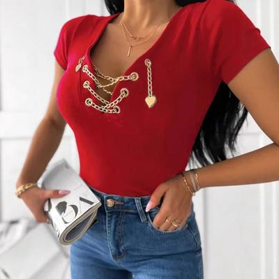 Fashionable and Elegant Pure-color V-neck Chain Heart Pendant Women's T-shirts