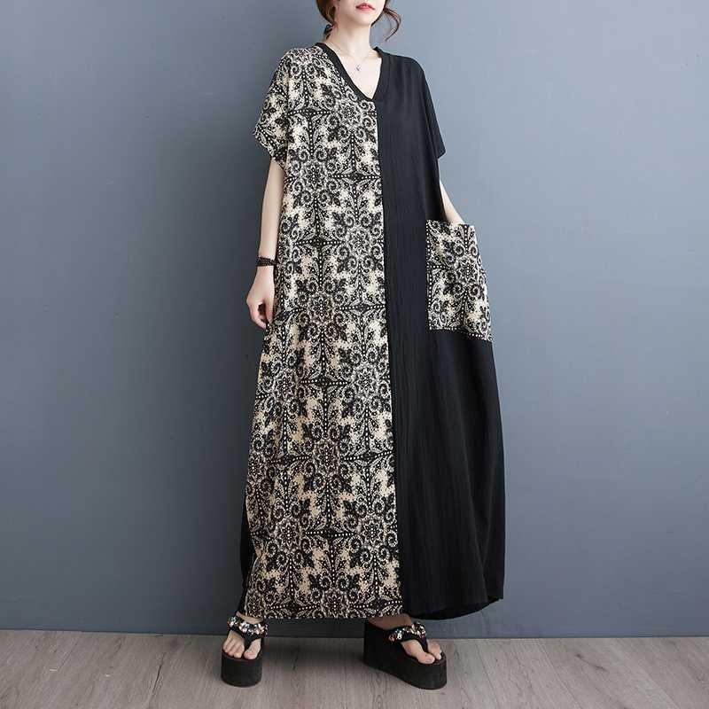 Summer Vintage Colorblocking 200 Pounds Long Dresses Big Pockets V-Neck Dresses