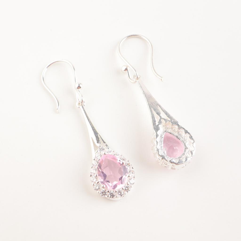 Natural Morganite Gemstone 925 Solid Silver Jewelry Zircon Women Earrings 1.86" CZE-7-13