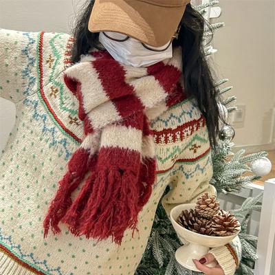 Color Blocked Striped Knitted Scarf For Women In Winter With A Sense Of Luxury Fashion Atmosphere Warmth Tassel Scarf