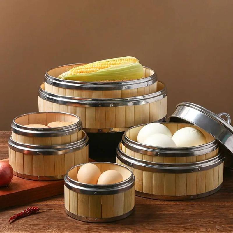 Durable Bamboo Steamer Basket Steel Handle Lid High Temp Resistant Steamer for Dim Sum Bao Bun Kitchen Cooking Tool