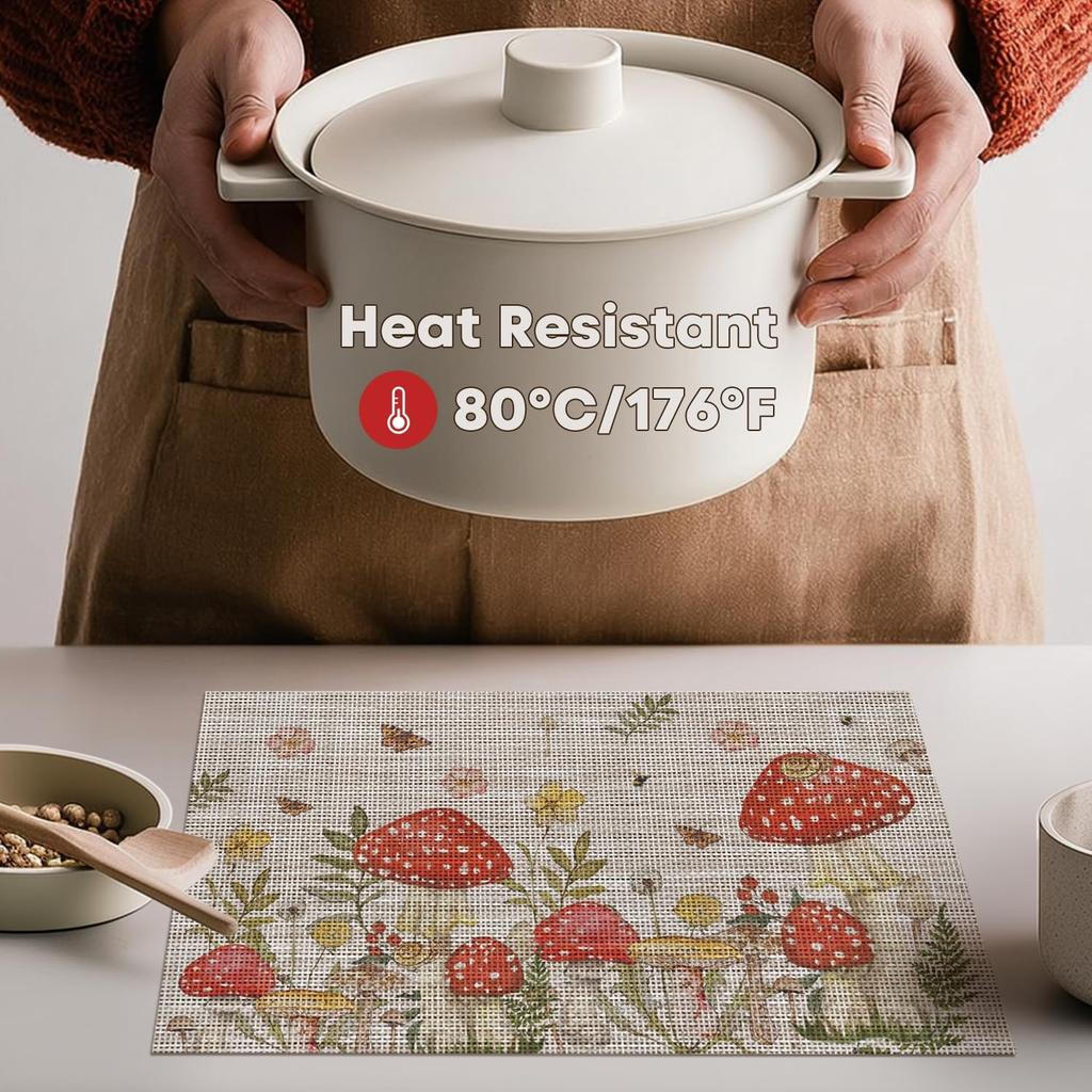 Beige Mushroom Moth Flowers Placemats Set of 4, 12x18 Inch Plastic Woven Wipeable Non-Slip PVC Place Mats for Party Kitchen Dining Decor