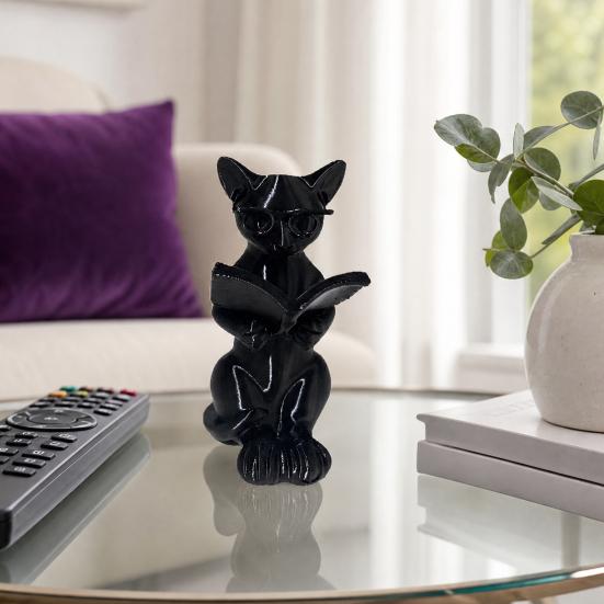 Cat Desk Decoration 3D Printed Reading Statue, Holding Book Glasses Figurine, Artistic Ornament Modern Decorative Animal Sculpture for Home