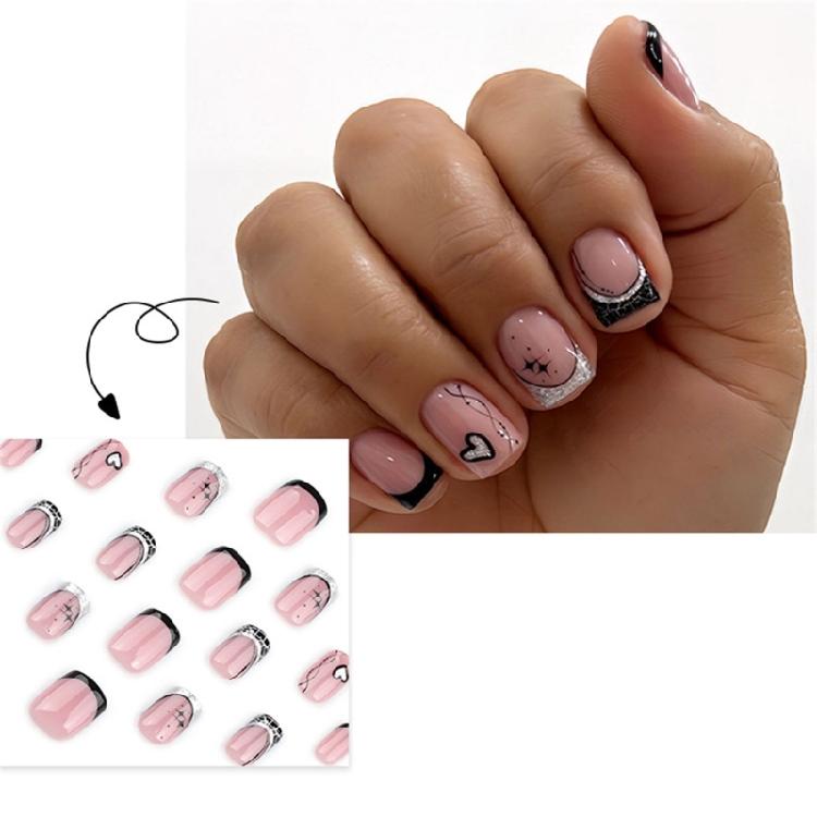 Valentine's Day Press On Nail Short Square False Nail Winter Nail with Heart Designs Stick On Nail Artificial Nail 24Pcs