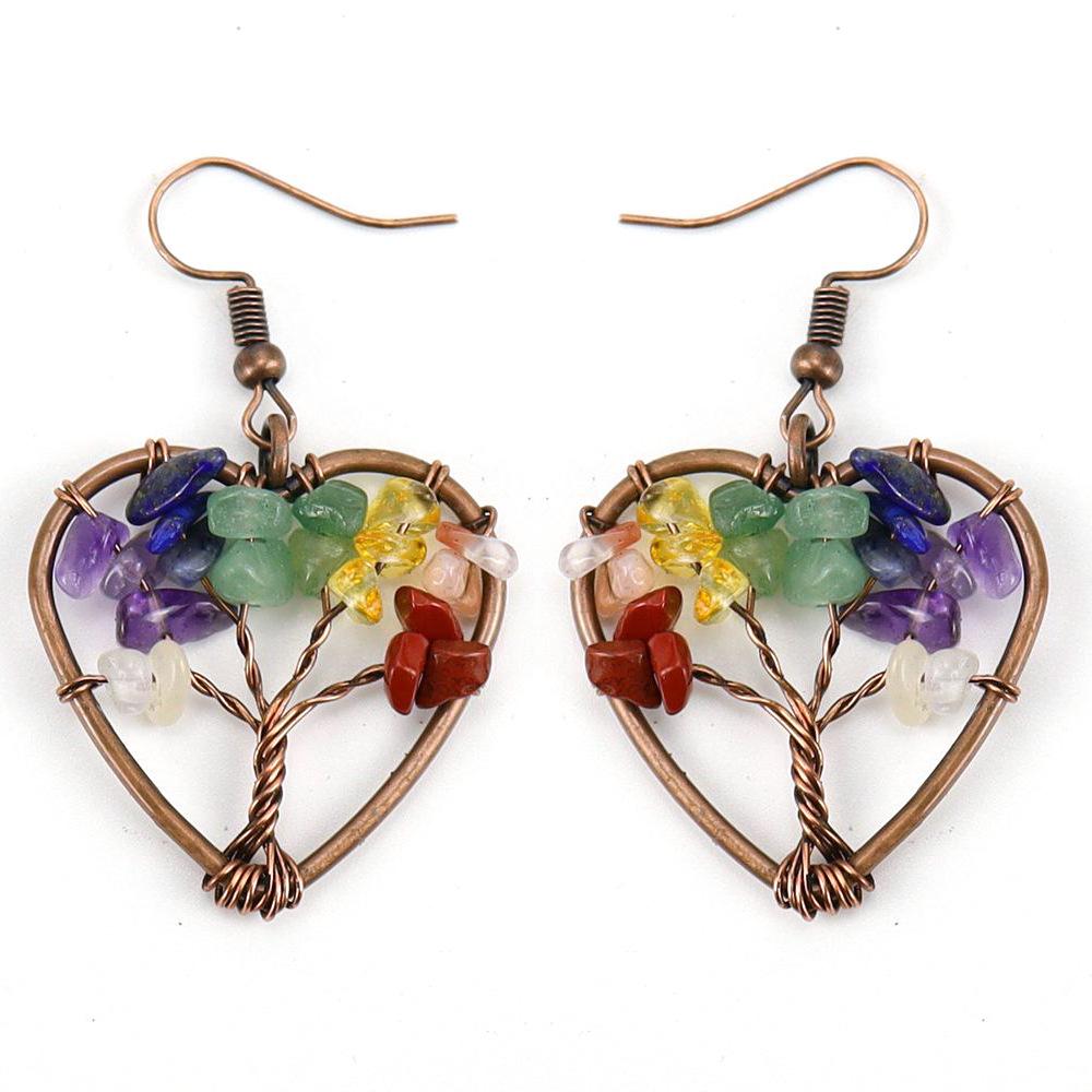 Temu Hand-Wound Natural Gravel Crystal Agate Amethyst Heart-Shaped Tree Of Life Earrings Earrings E58