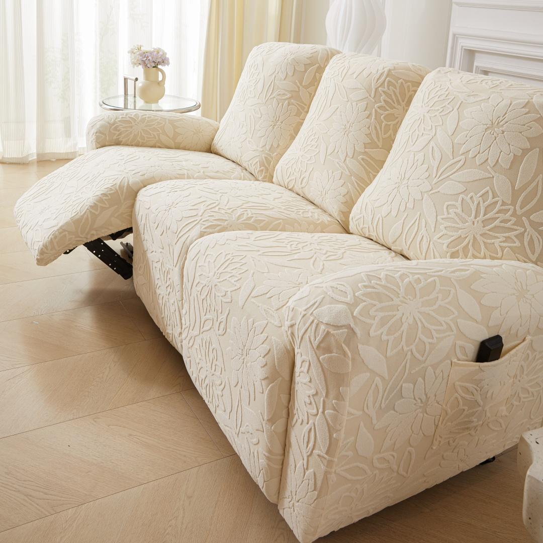 

Чехол для дивана-реклайнера, Чехол для кресла-мешка, Однотонный жаккард с камелиями, Чехол для дивана-реклайнера на 1/2/3 места, Цветочная текстура, Эластичный, Универсальный размер 1 Seater бежевый