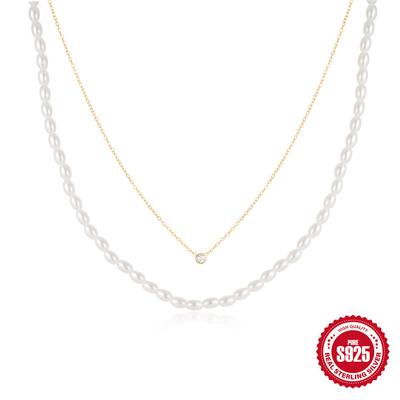 S924 Sterling Silver French Retro Round Zircon Pearl Necklace Temperament Simple And Versatile Double-Layer Clavicle Chain