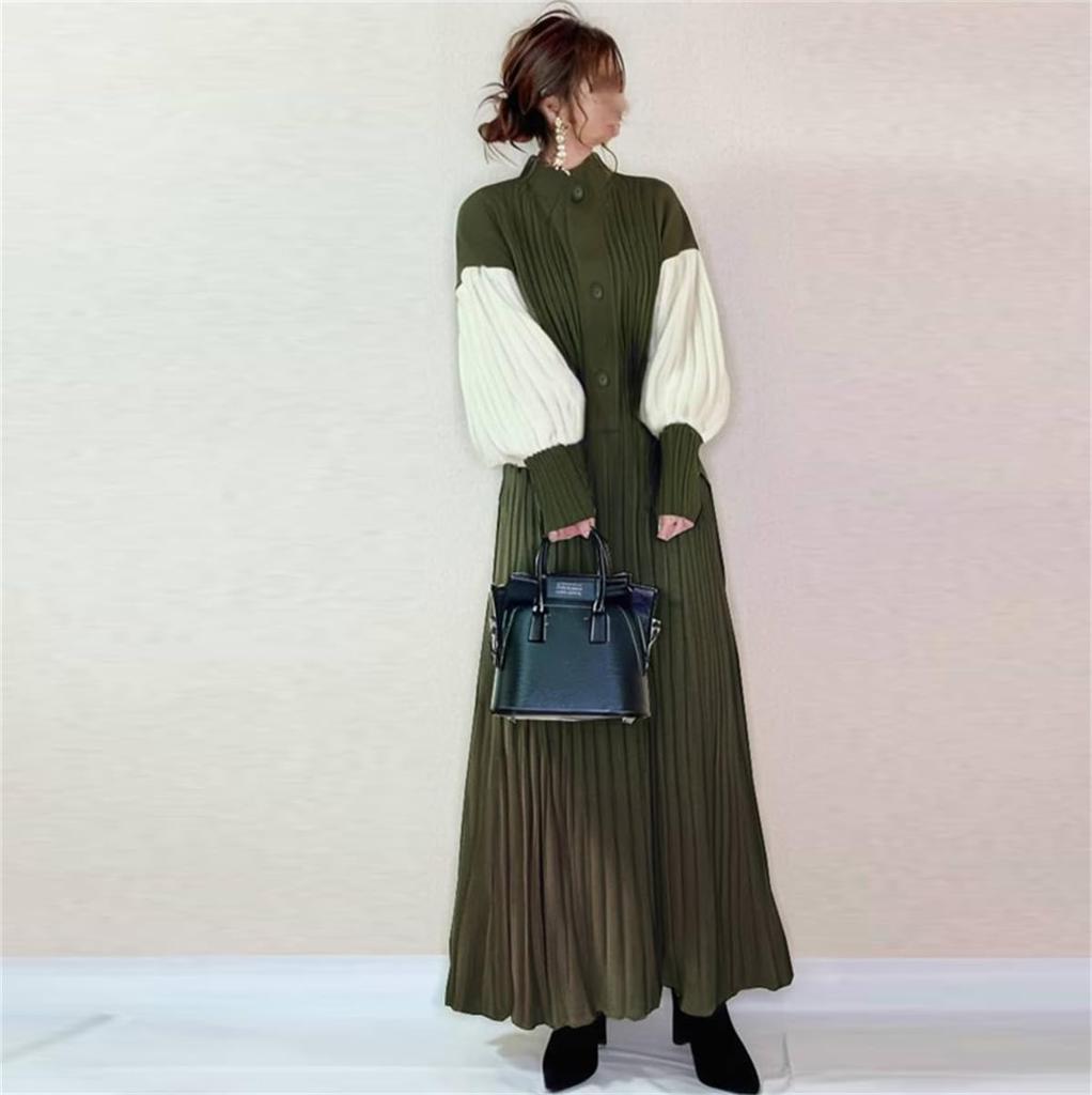 YUANYUAN Knit Winter Long Glue Puff Voluminous Loose Winter Sizes Women's Dress, Pleated, Wear, Length, Neck, Sleeves, Color-Matching, Ribbon,