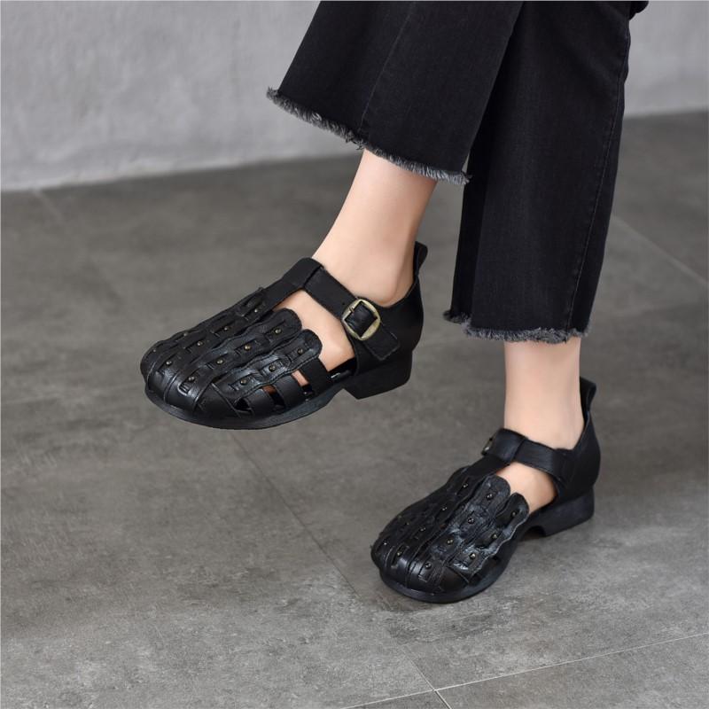 Johnature Genuine Leather Round Toe Soft Soled Sandals Hollow Out Breathable Low Heel Women's Shoes