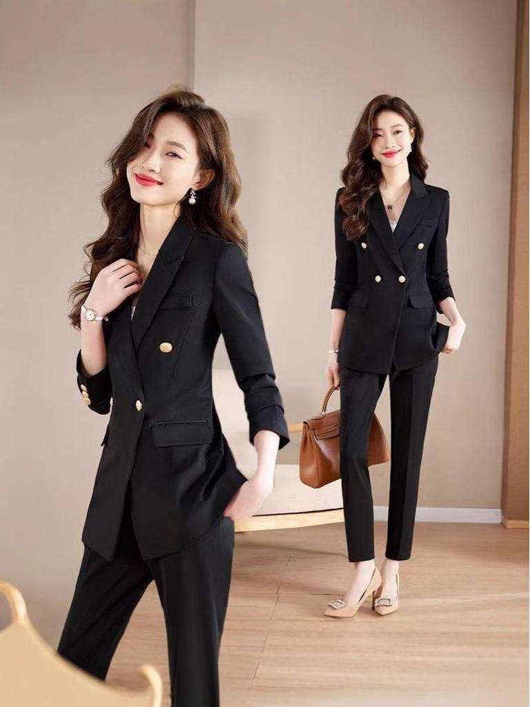 Veste de costume noire professionnelle pour femmes européennes et américaines - Manches longues, Printemps/Automne, Style étudiant, Vêtement de travail à tempérament