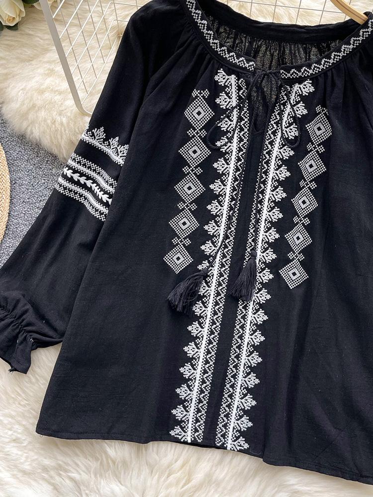 Women's Spring Autumn Shirt New Retro Bohemian Embroidered Lace Up Lantern Long Sleeves Blouse Top