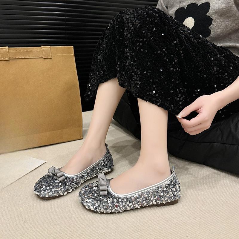 Sequin Cloth Soft Sole Single Shoes Women's Fashion Round Toe Shallow Mouth Bow Non-Slip Wear-Resistant Flats