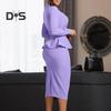 Women Business Dress Square Neck Long Sleeve Pure Color Ruffle Patchwork Slim Fit Sheath OL Commuting Formal Midi Dress