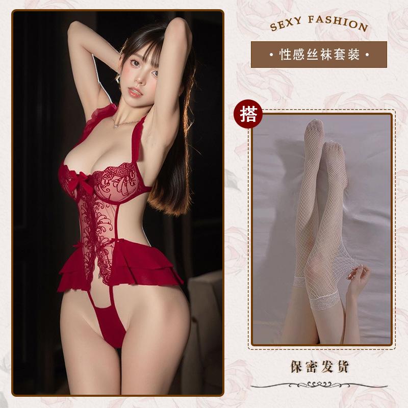 Sexy underwear Sexy lace one-piece suspender pajamas Hollow open crotch Hot robe Small breasts gather uniform free