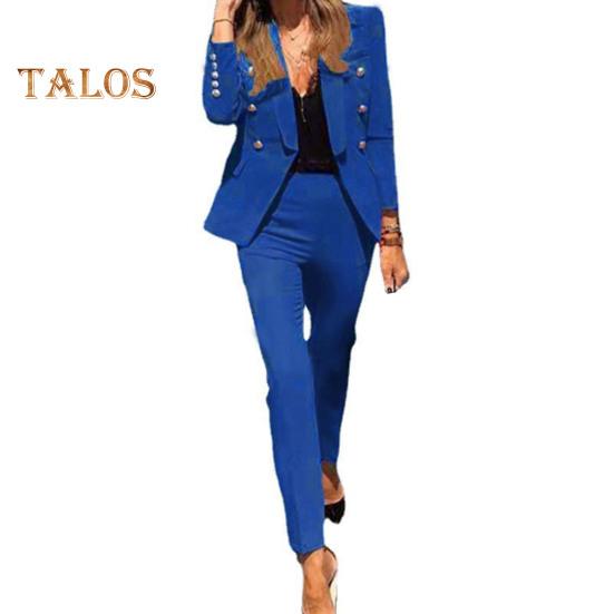 2 ks/sada Lady Formal Coat Kalhoty Set Dlouhé rukávy Knoflík Dekor Klopa Cardigan Bunda střední délky Rovná Vysoký pas Kalhoty Formální Business