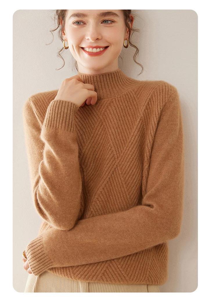 Women's Red Diamond Pattern Cashmere Sweater: Half-High Collar, Thickened, Plus Size, Loose, Warm, Autumn/Winter, Short Style.