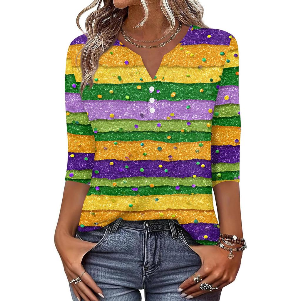 Women's T Shirt Print Button 3/4 Sleeve Daily Weekend Fashion Basic V- Neck Regular Top