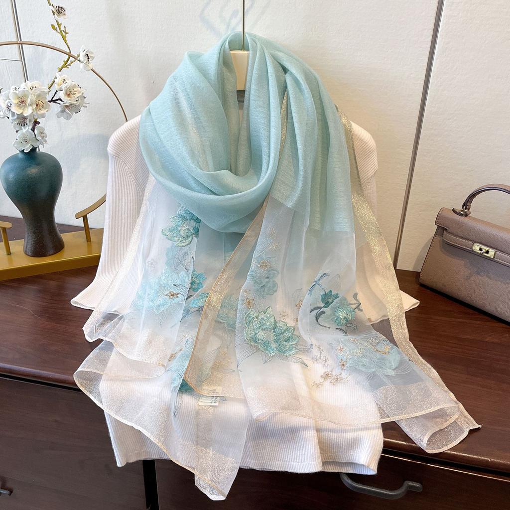New Silk Wool Embroidered Scarf Spring and Summer Decorative Shawl Flower Embroidered Silk Scarf Blended Scarf