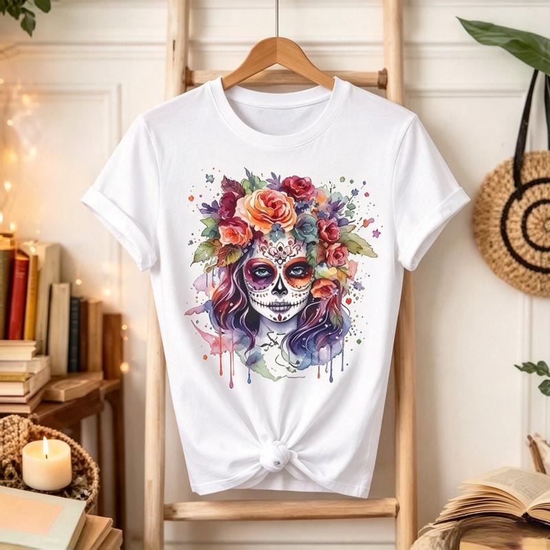 Day Of The Dead Sugar Skull Floral Graphic Tshirt Unisex Unisex Watercolor Rose Print Casual Aesthetic Short Sleeve Tee Y2k Top