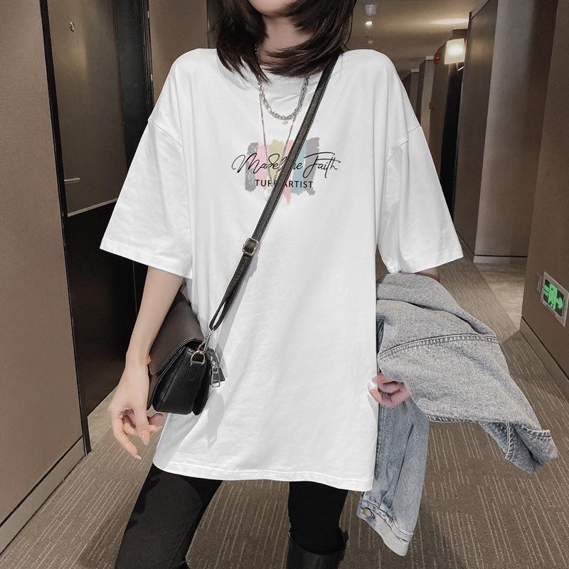 [Rear Bag Collar] Cotton Short-sleeved T-shirt Women's Medium and Long Large Size Loose 2025 New Summer