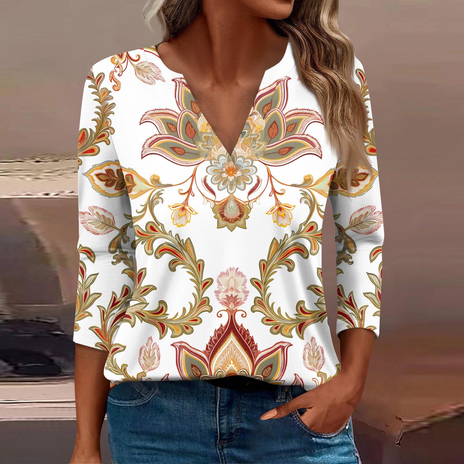 

Жен. Футболка Футболка С принтом Пуговицы Рукав 3/4 Повседневные Выходные Мода Классический Классический V-образный вырез Обычный Верх L бежевый