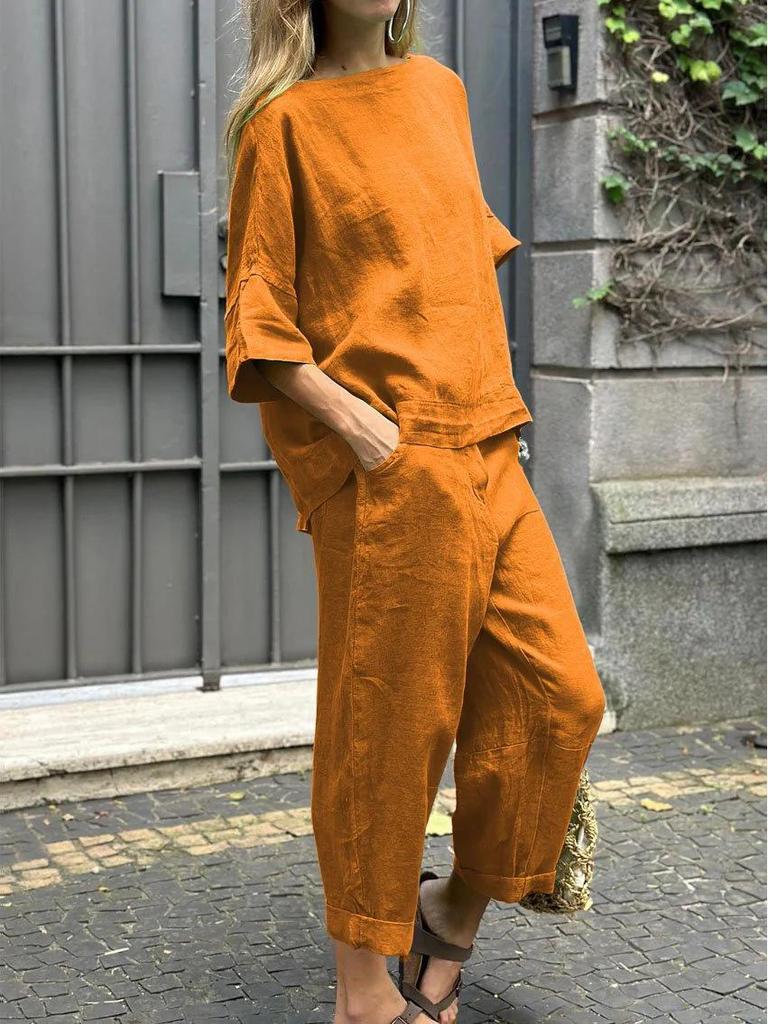 2025 Summer Women's Plus Size Cotton Linen 2-Piece Shirt & High Waist Loose Long Pants Set