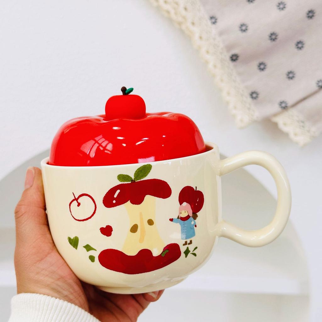 Neues Produkt mit Deckel Weihnachtsapfel Keramiktasse Hochwertiges Set Becher Souvenir Cartoon Niedlich Handbecher Geschenk