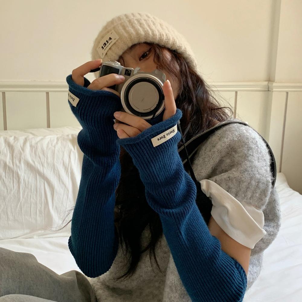 Solid Color Woolen Arm Gloves Hole Long Fingerless Sleeves Long Wrist Guard Warm Arm Covers  Girls