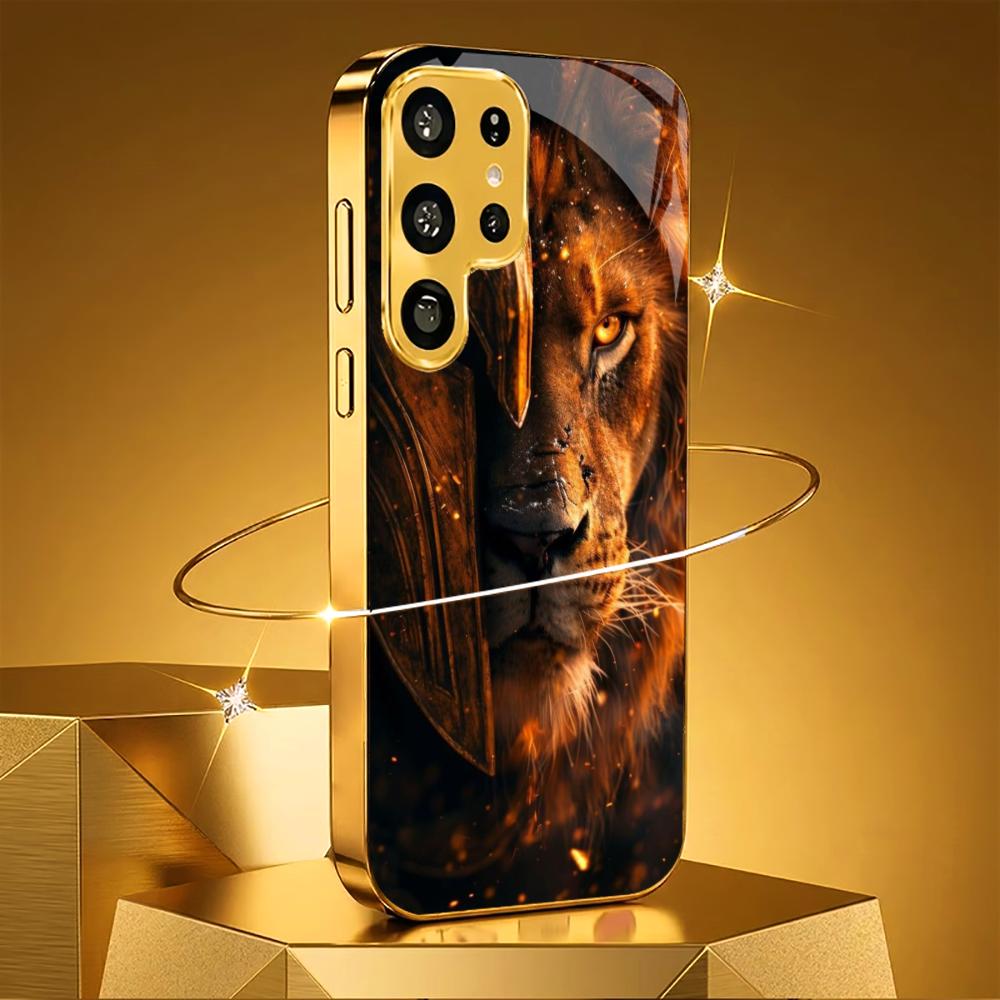 High-end PhoneCase Luxurious Lion King Electroplating Glass PhoneCase for Samsung Galaxy S26 S25 S24 S23 S22 S21 FE,Ultra,Plus